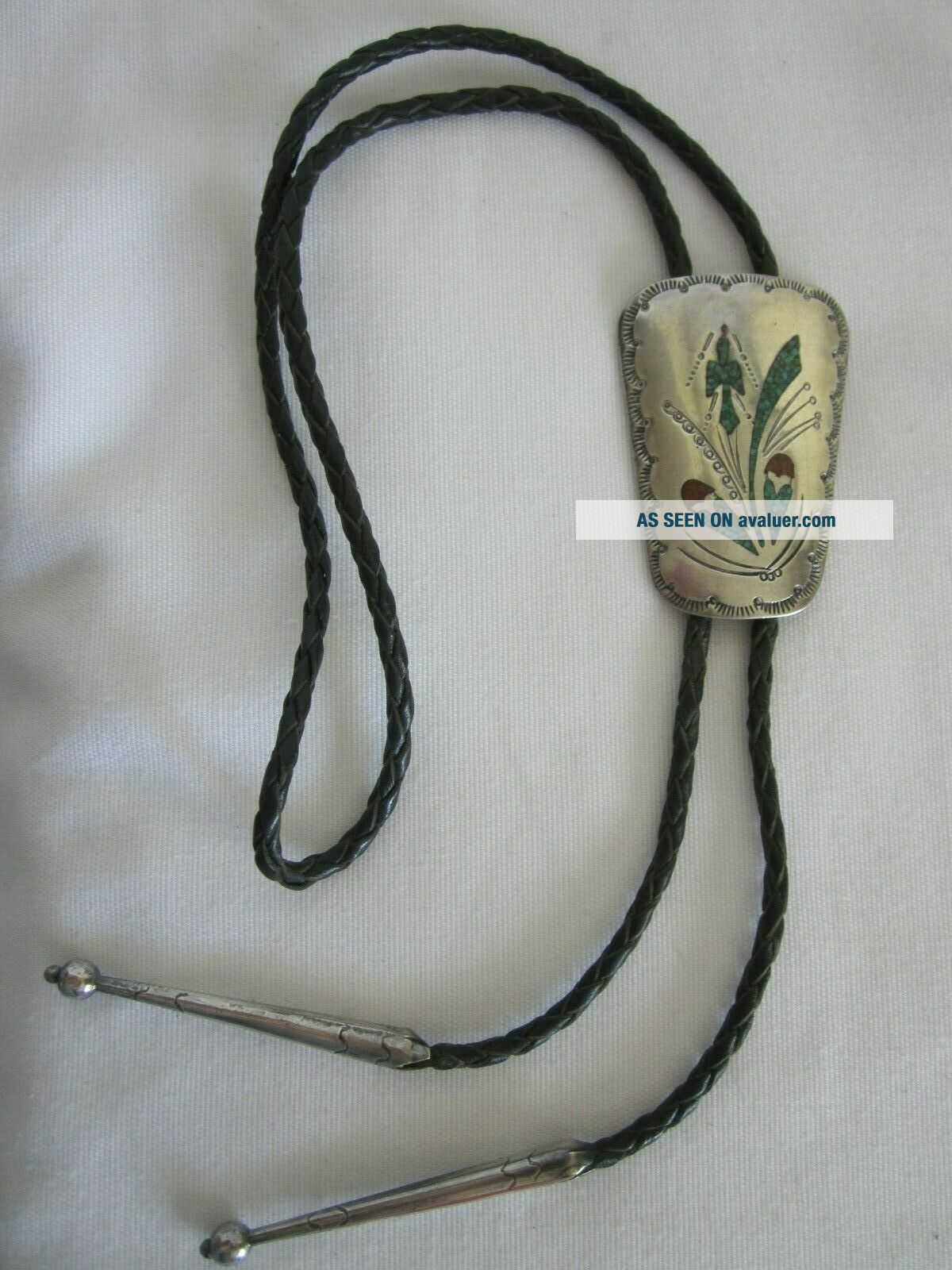 Vintage Navajo Inlaid Turquoise - Coral Bolo Tie Sterling Tommy Singer ...
