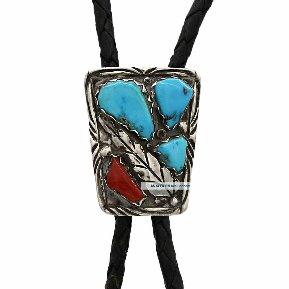 F. CHEAMA Vintage Navajo Sterling Silver Turquoise & Coral Bolo Tie ...
