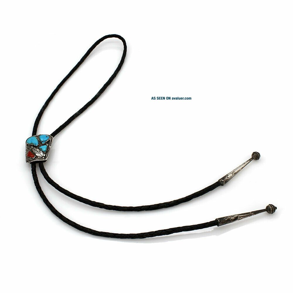 F. CHEAMA Vintage Navajo Sterling Silver Turquoise & Coral Bolo Tie ...