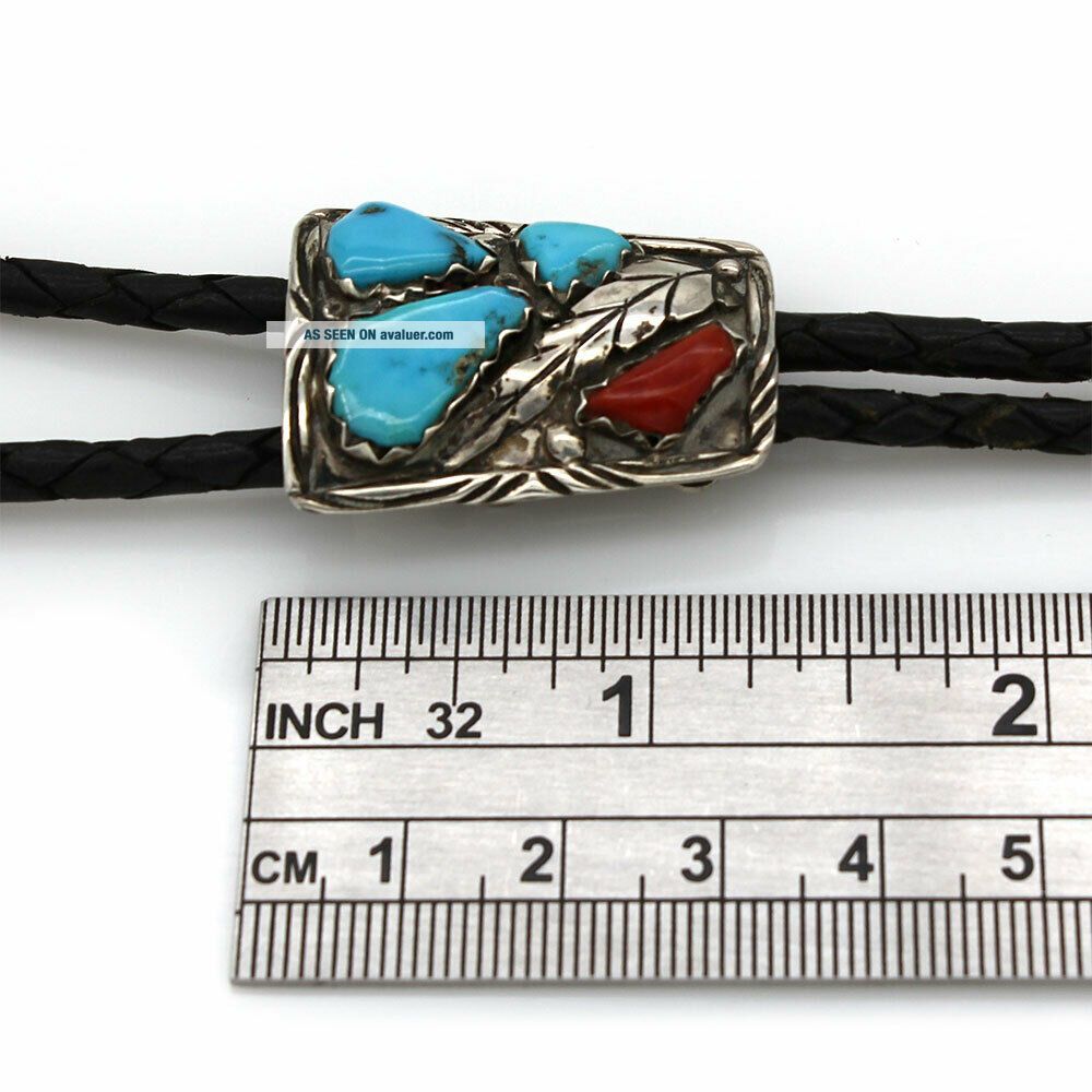 F. CHEAMA Vintage Navajo Sterling Silver Turquoise & Coral Bolo Tie ...
