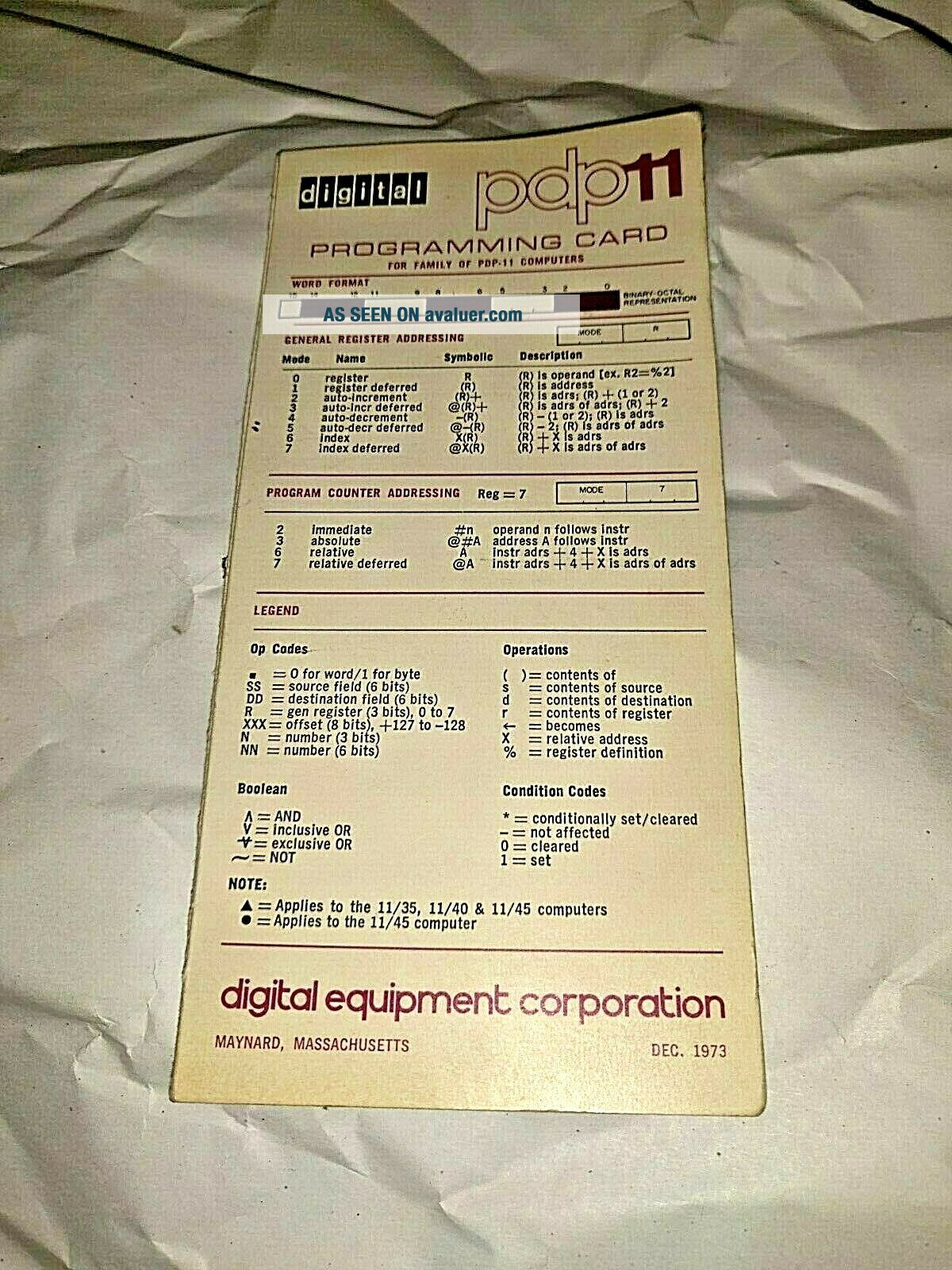 Original Computer Programing Card Running 1973 DEC PDP - 11 FAMILY VINTAGE COMPUTER PROGRAMMING CARD | #7212376