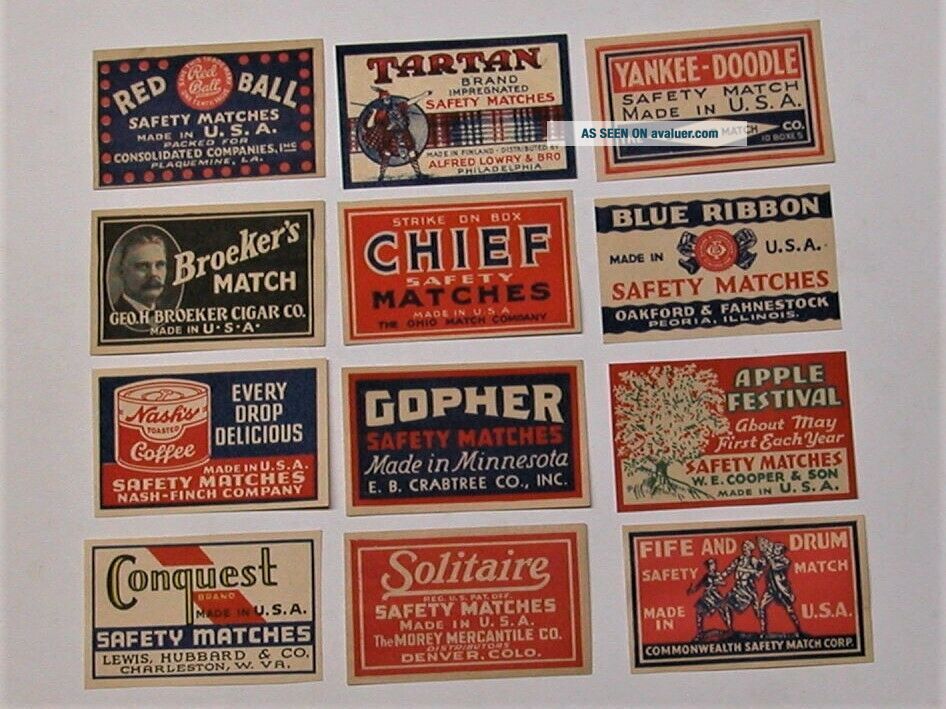 USA Old Matchbox Label 12 Different US Vtg American Design Labels ...