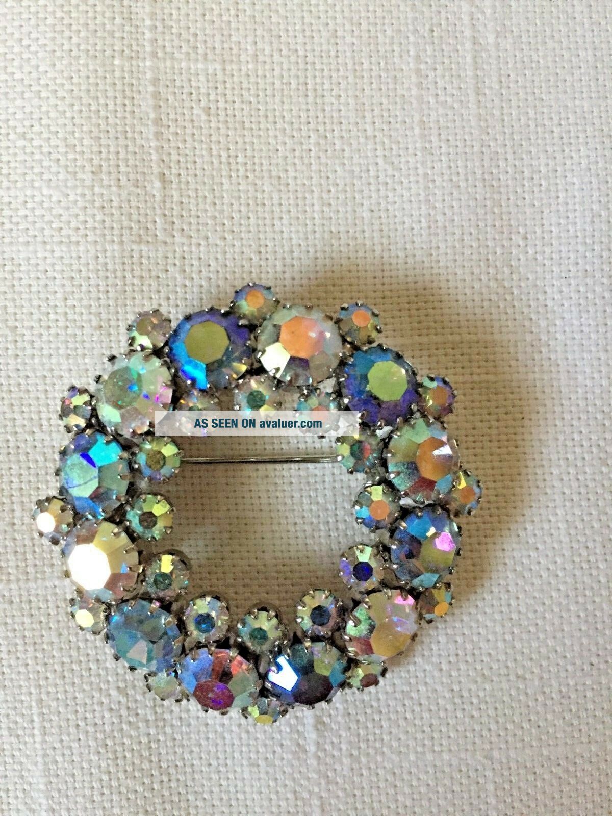 Vintage Silver Tone And AB Rhinestones Circle Pin Brooch | #8088851