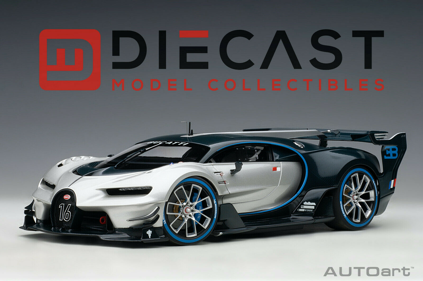 AUTOart 70987 BUGATTI VISION GRAN TURISMO (SILVER/BLUE CARBON) 1:18 PRE ...