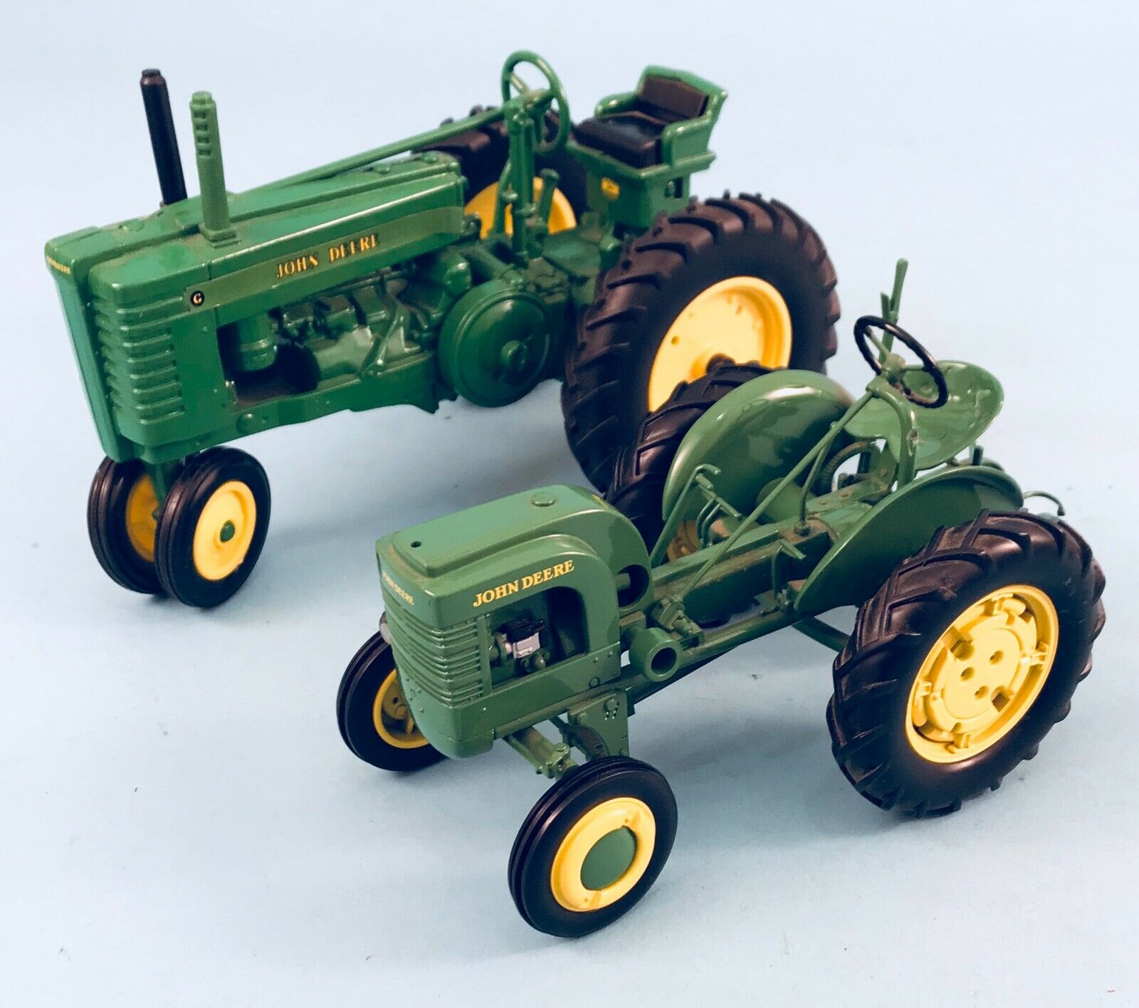 PAIR JOHN DEERE TOY TRACTORS MODEL “G” AND TRACTOR W/ TURNING PLOW 1/16 ...